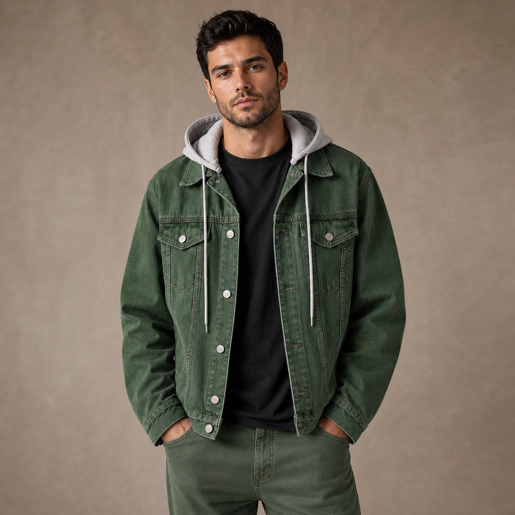 Dark Denim Jacket Detachable Hood Loose Fit Green – Product Photo
