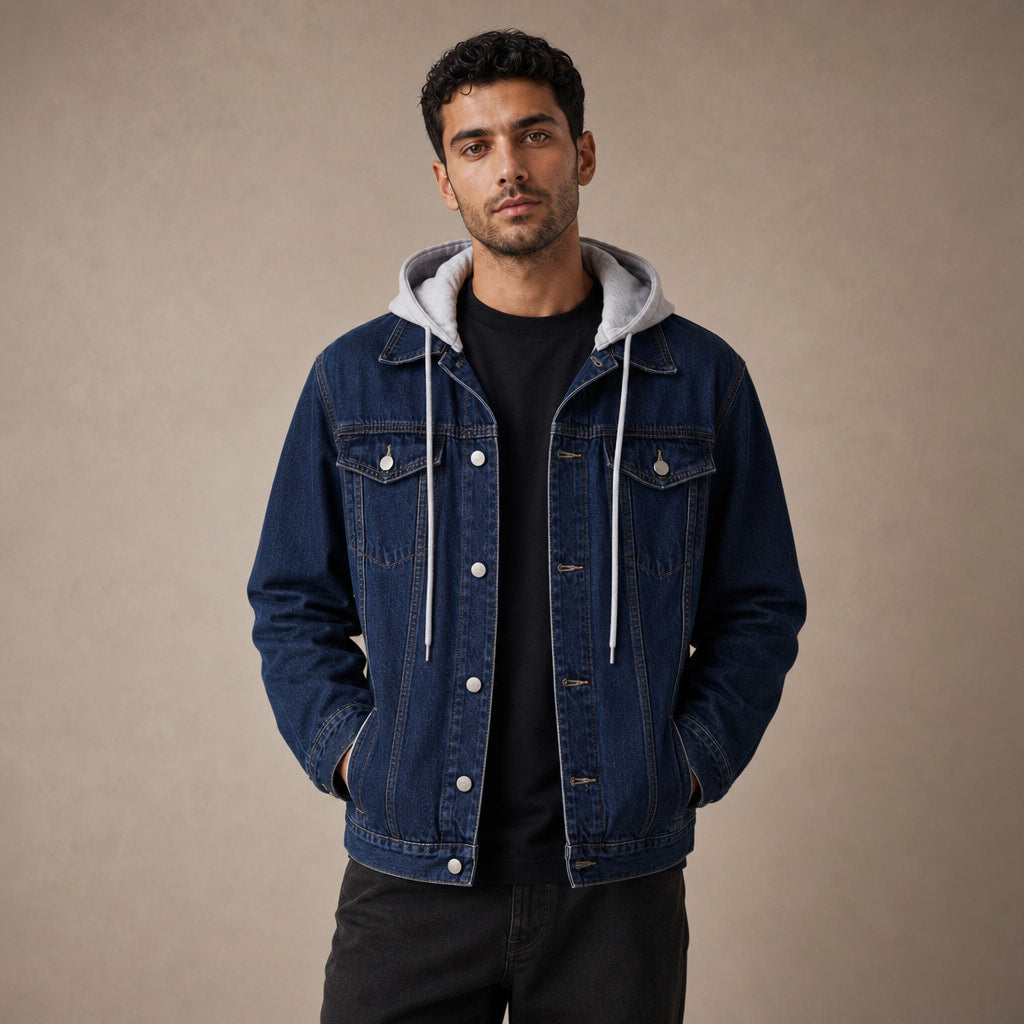 Dark Denim Jacket Detachable Hood Loose Fit Navy – Product Photo
