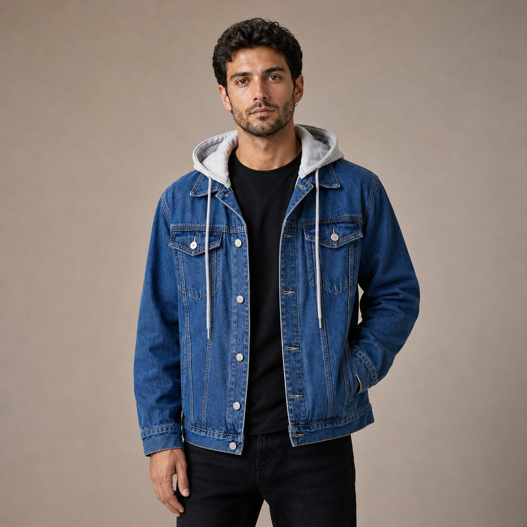 Dark Denim Jacket Detachable Hood Loose Fit in Navy – Tarlano Premium Menswear
