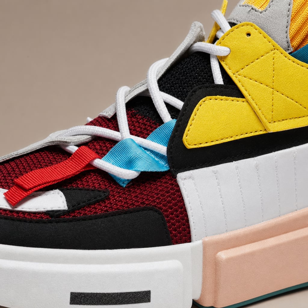 Asymmetrical Sneaker Layered Support Shock-Absorbing Sole Red Yellow – Fabric and Detail Close-Up