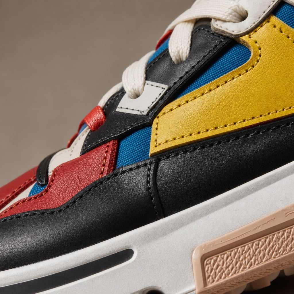 Asymmetrical Sneaker Layered Support Shock-Absorbing Sole Red Yellow – Fabric and Detail Close-Up