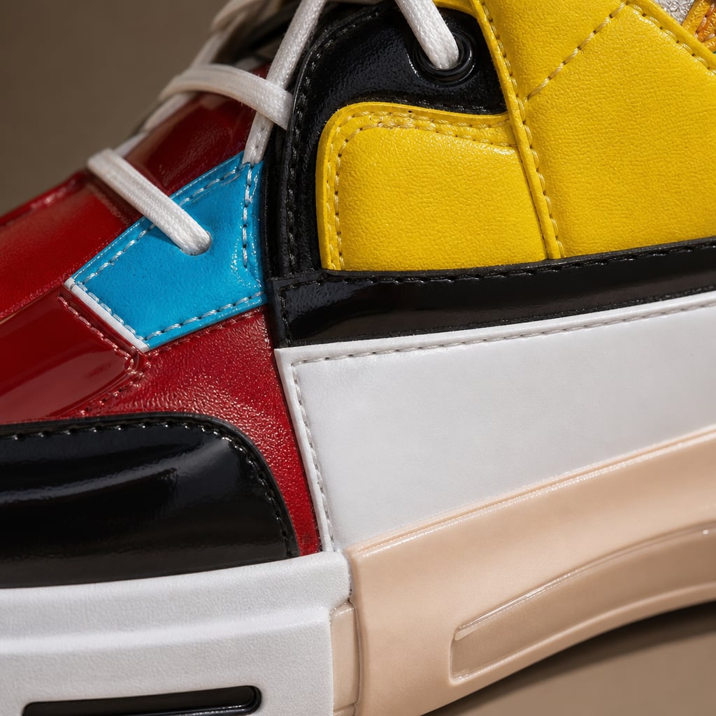 Asymmetrical Sneaker Layered Support Shock-Absorbing Sole Red Yellow – Fabric and Detail Close-Up