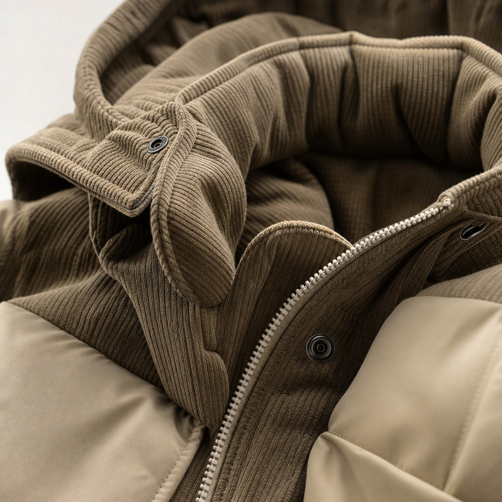Long Puffer Coats Hooded Winter Jacket Khaki – Fabric and Detail Close-Up