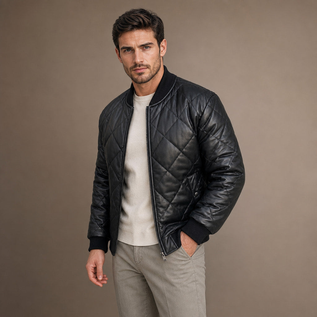 Quilted Leather Jacket Black Black – Side Angle View