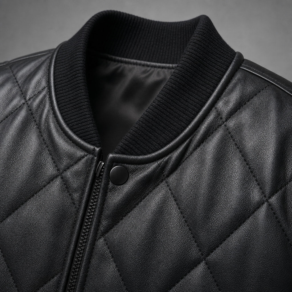 Quilted Leather Jacket Black Black – Fabric and Detail Close-Up