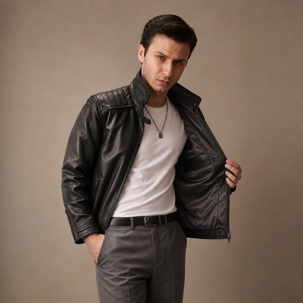 Axel Black Biker-Style Leather Jacket For Men Black – Side Angle View