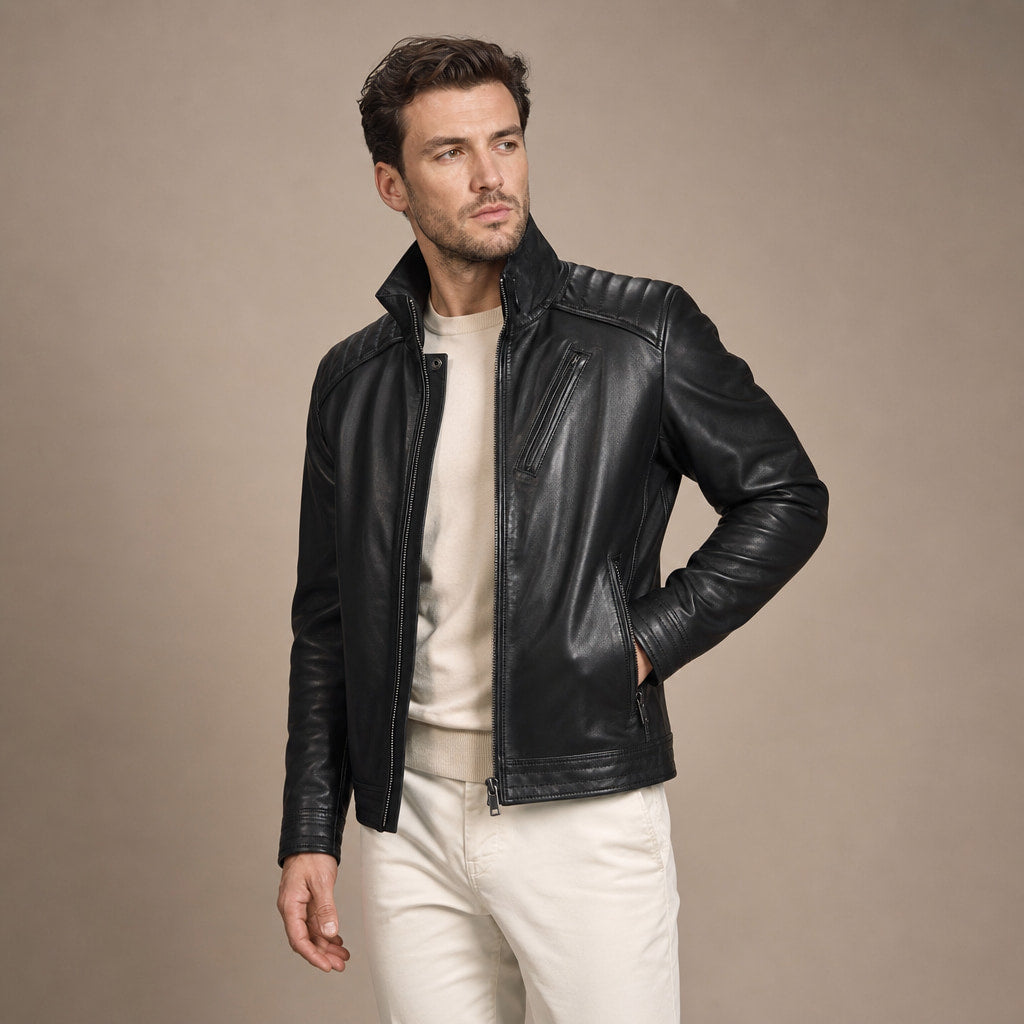 Axel Black Biker-Style Leather Jacket For Men Black – Side Angle View