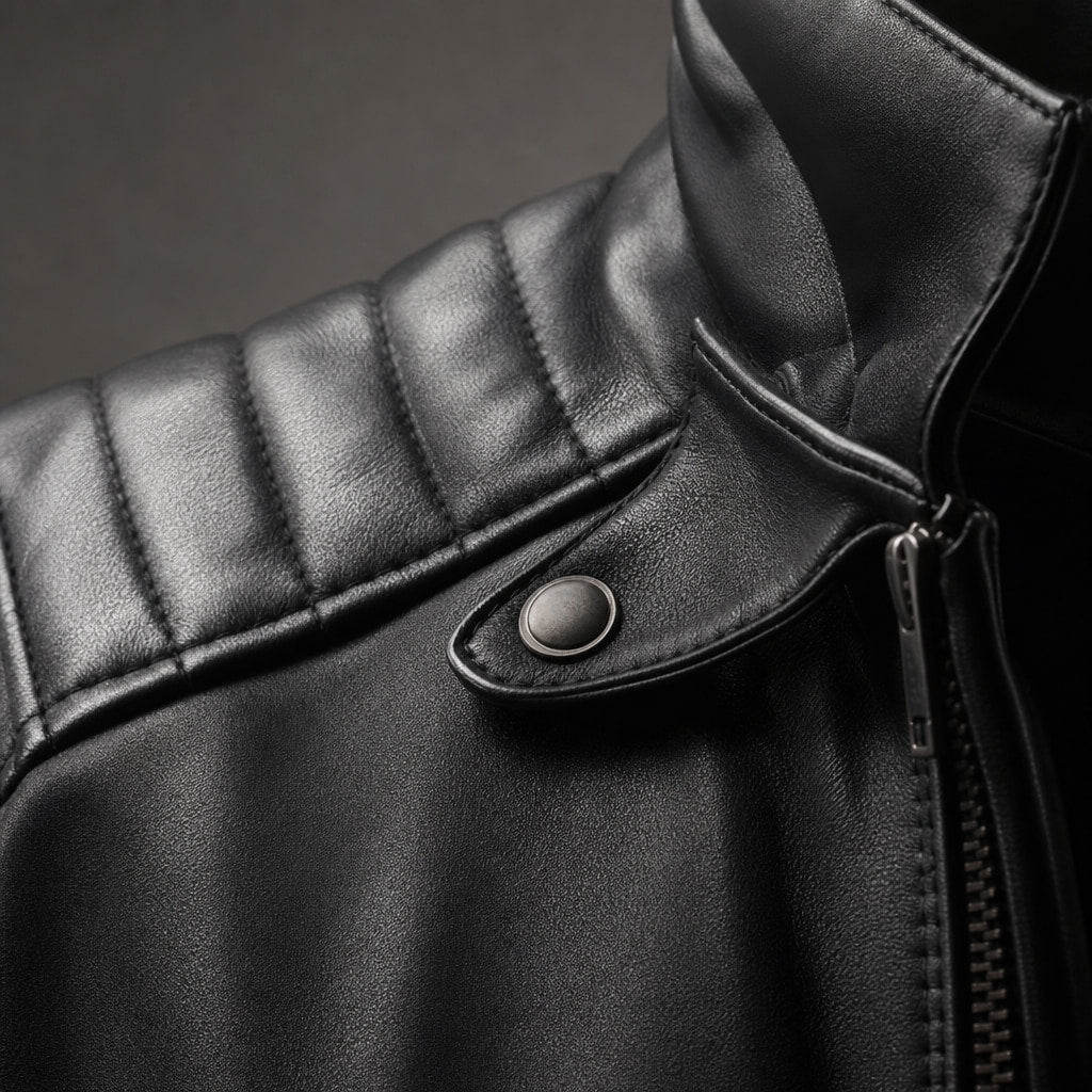 Axel Black Biker-Style Leather Jacket For Men Black – Fabric and Detail Close-Up