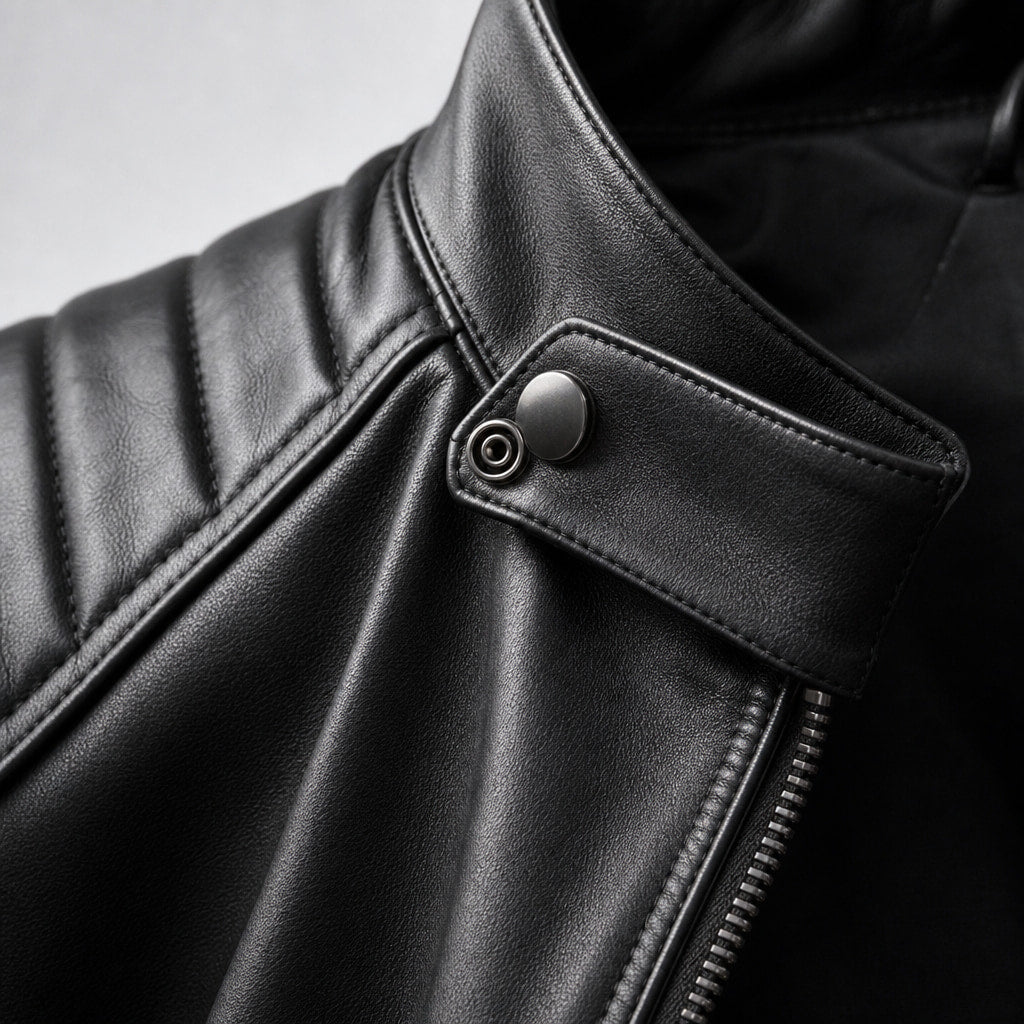 Axel Black Biker-Style Leather Jacket For Men Black – Fabric and Detail Close-Up