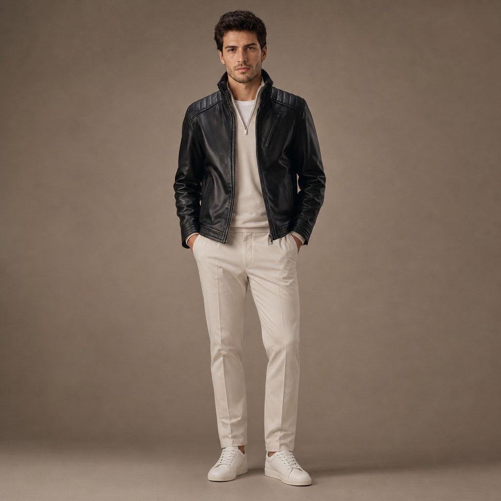Axel Black Biker-Style Leather Jacket For Men Black – Full Look