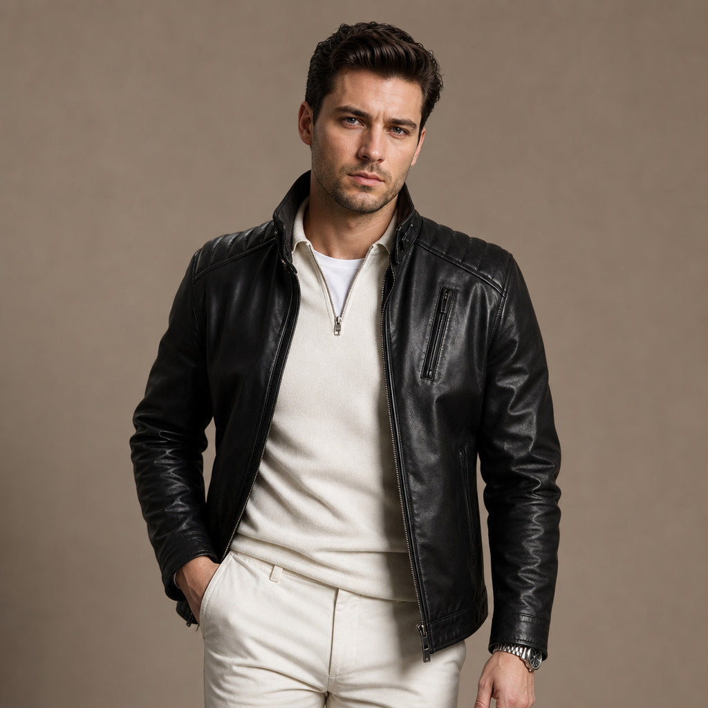 Axel Black Biker-Style Leather Jacket For Men Black – Product Photo