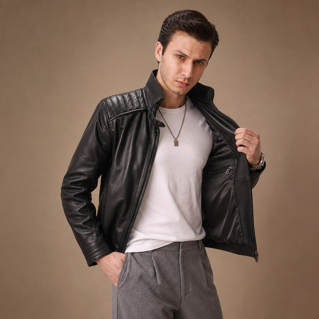 Axel Black Biker-Style Leather Jacket For Men in Black – Tarlano Premium Menswear