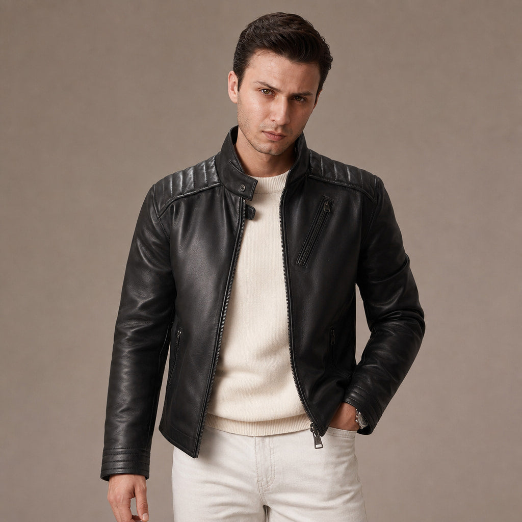 Axel Black Biker-Style Leather Jacket For Men in Black – Tarlano Premium Menswear