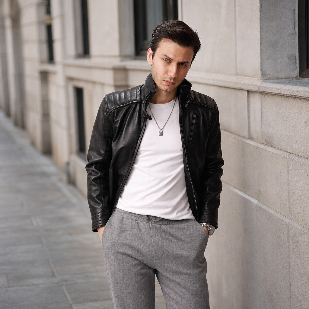 Axel Black Biker-Style Leather Jacket For Men Black – Styled Editorial Shot