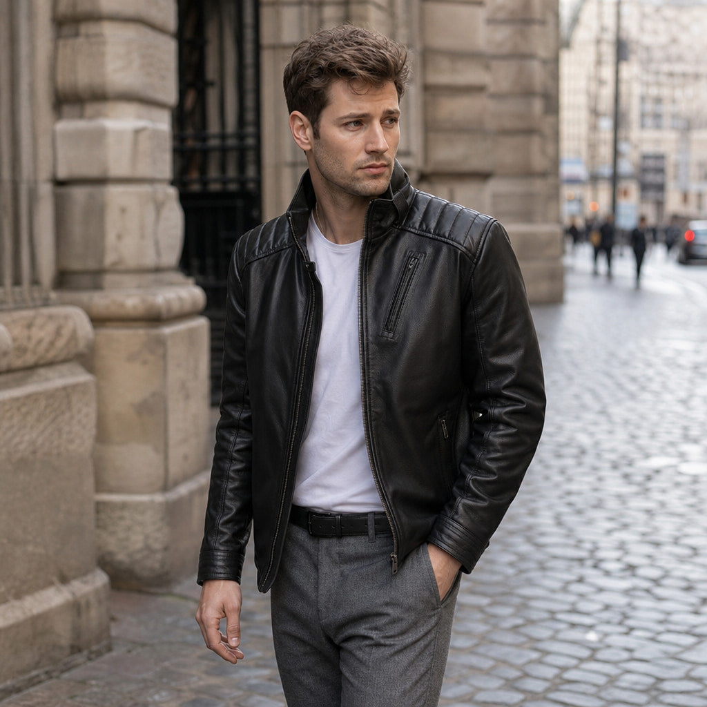 Axel Black Biker-Style Leather Jacket For Men Black – Styled Editorial Shot