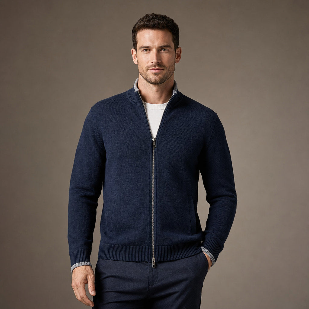 Merino Zip Jacket Ribbed Collar Relaxed Fit in Blue – Tarlano Premium Menswear
