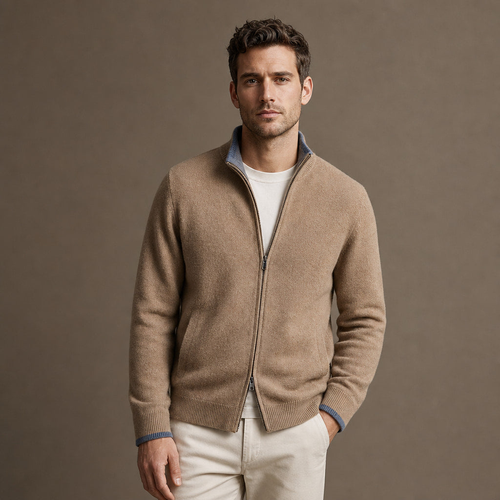 Merino Zip Jacket Ribbed Collar Relaxed Fit in Camel – Tarlano Premium Menswear