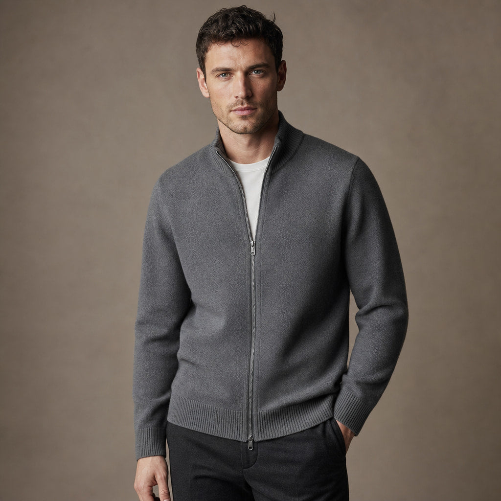 Merino Zip Jacket Ribbed Collar Relaxed Fit in Gray – Tarlano Premium Menswear
