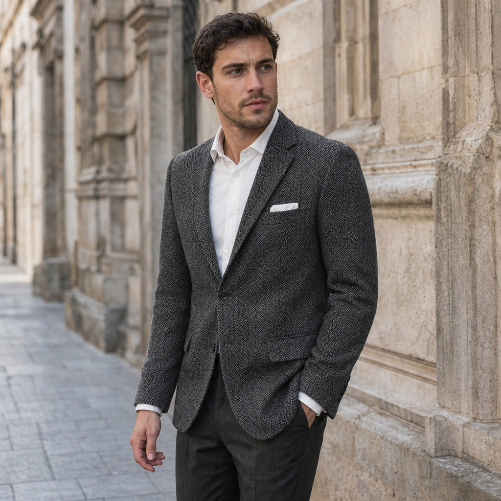 Herringbone Blazer Slim Fit Dark Gray – Styled Editorial Shot