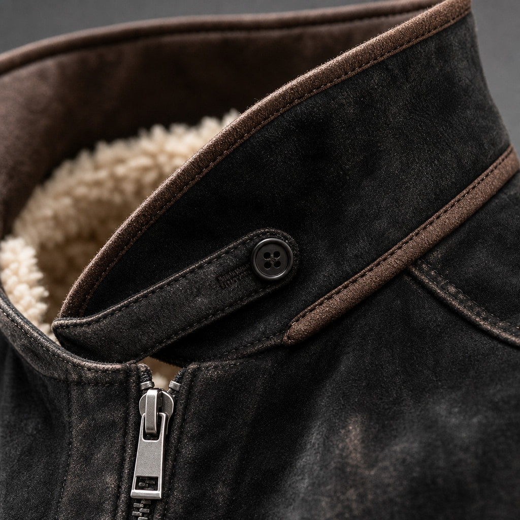 Coats Faux Leather Sherpa Lined Vintage Black Black – Fabric and Detail Close-Up