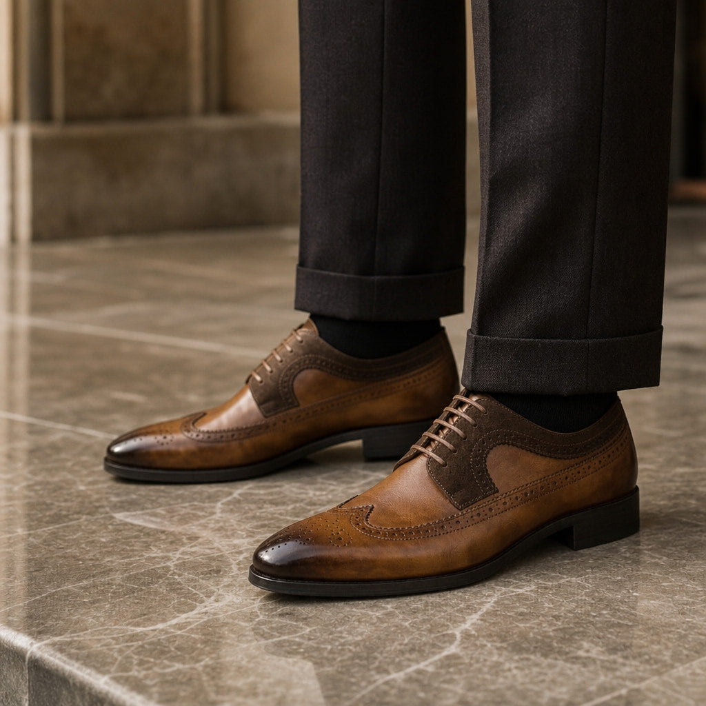 Oxford Shoes Wingtip Leather Brown – Styled Editorial Shot
