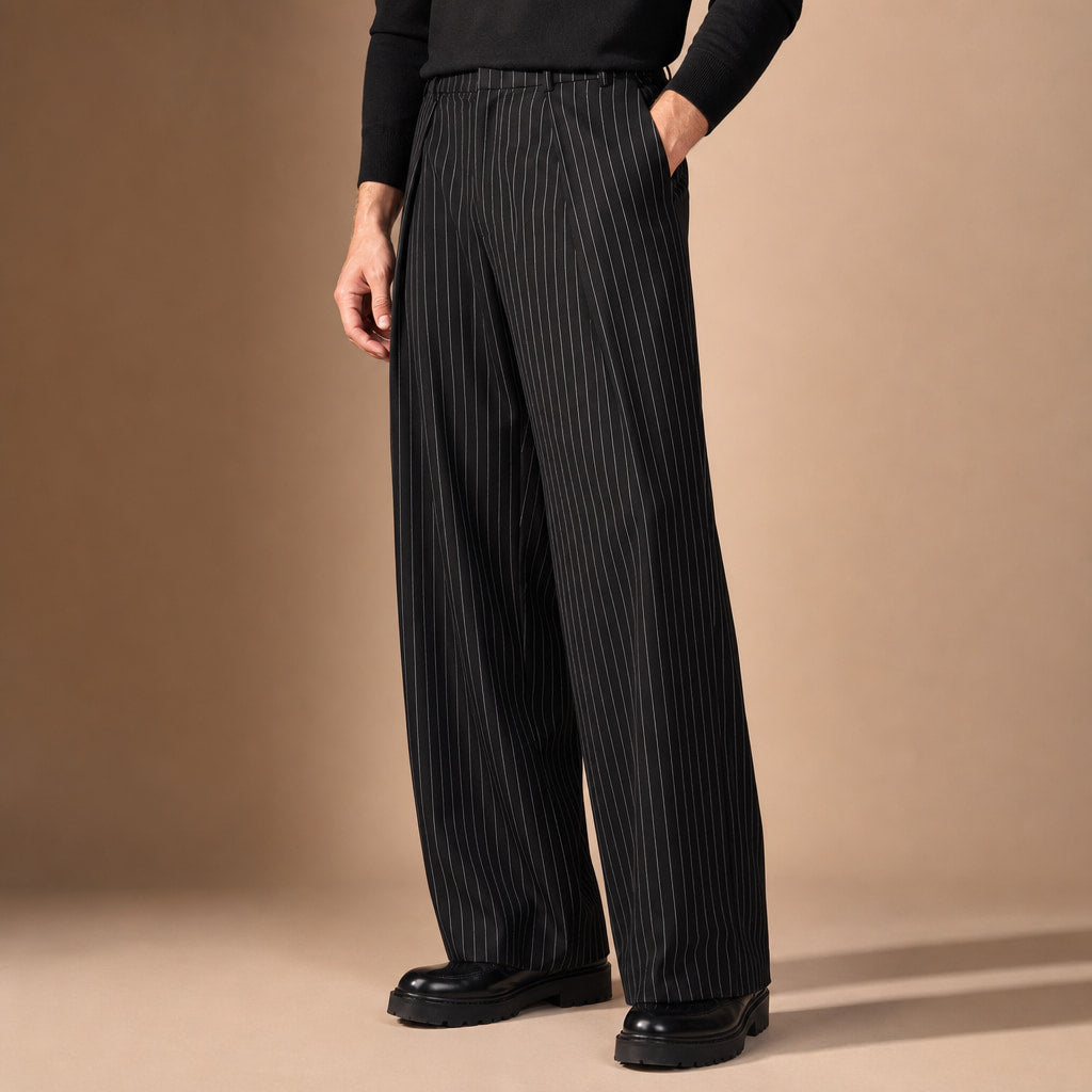 Pinstripe Trousers Wide Leg Black Black – Side Angle View