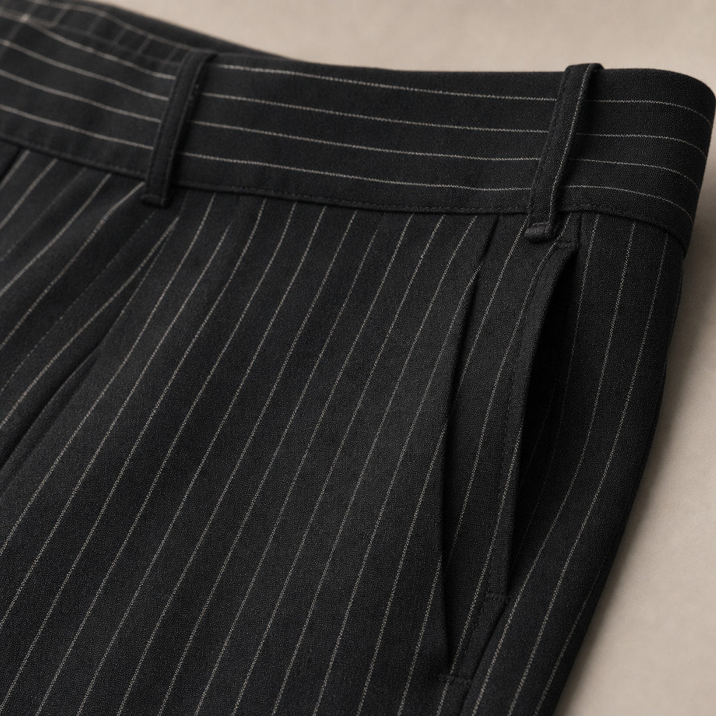 Pinstripe Trousers Wide Leg Black Black – Fabric and Detail Close-Up