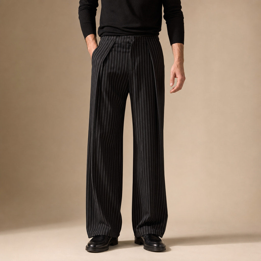 Pinstripe Trousers Wide Leg Black in Black – Tarlano Premium Menswear