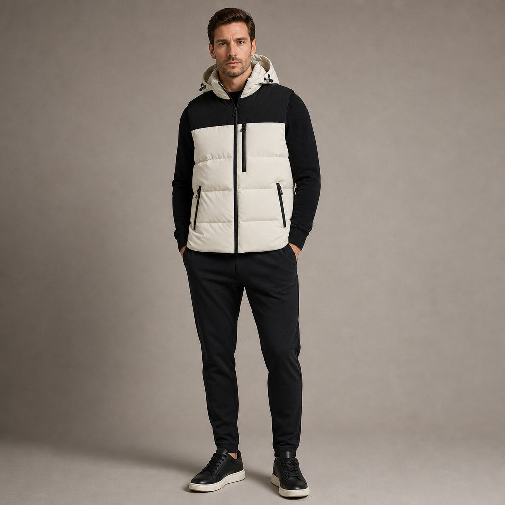 Long Puffer Vest Hooded Windproof Zip-Up Beige – Product Photo