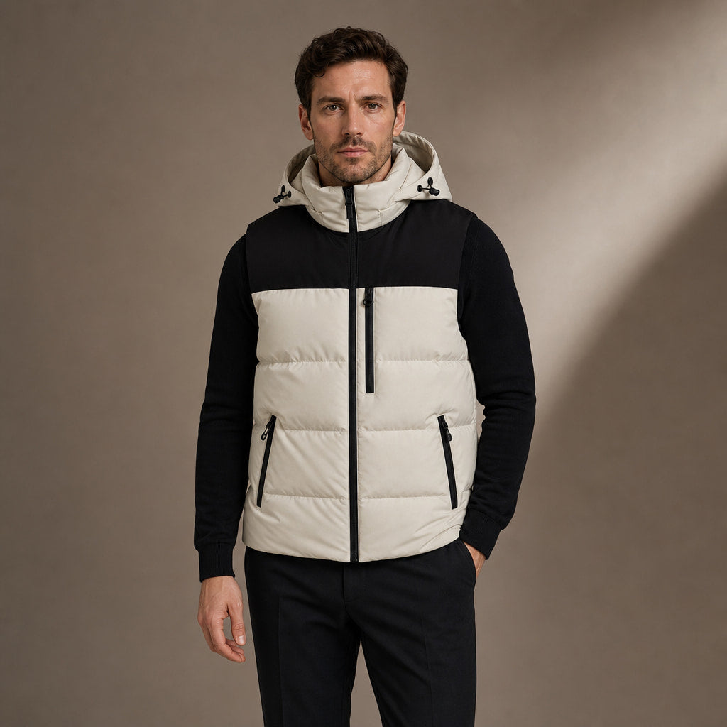 Long Puffer Vest Hooded Windproof Zip-Up in Beige – Tarlano Premium Menswear