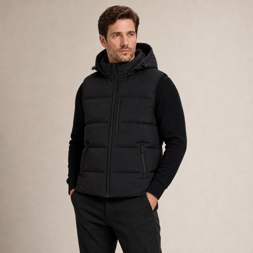 Long Puffer Vest Hooded Windproof Zip-Up Black – Side Angle View