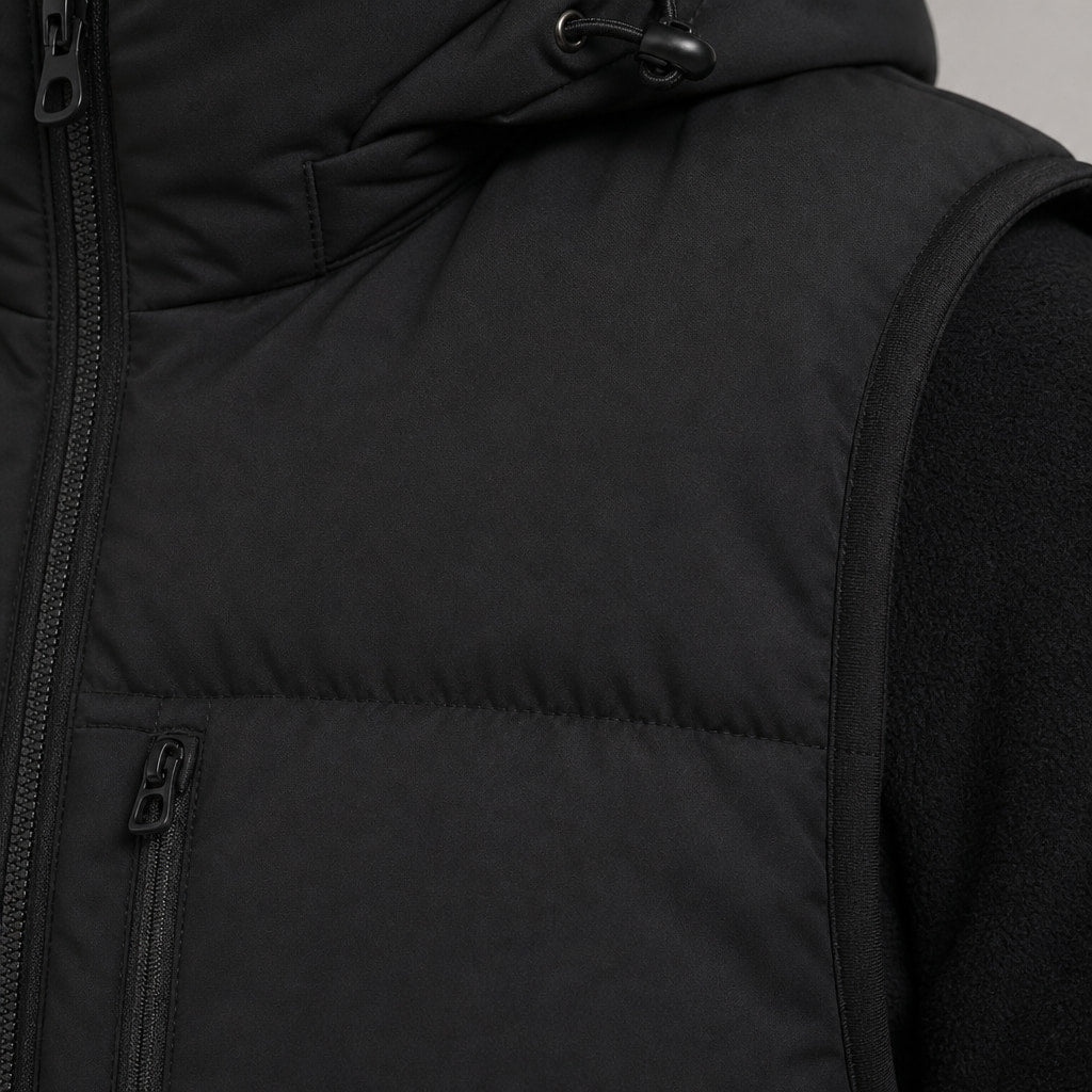 Long Puffer Vest Hooded Windproof Zip-Up Black – Fabric and Detail Close-Up