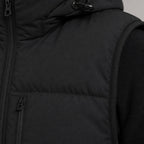 Long Puffer Vest Hooded Windproof Zip-Up Black – Fabric and Detail Close-Up