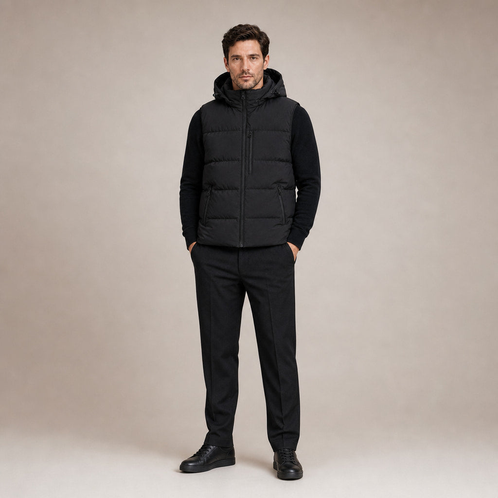 Long Puffer Vest Hooded Windproof Zip-Up Black – Full Look