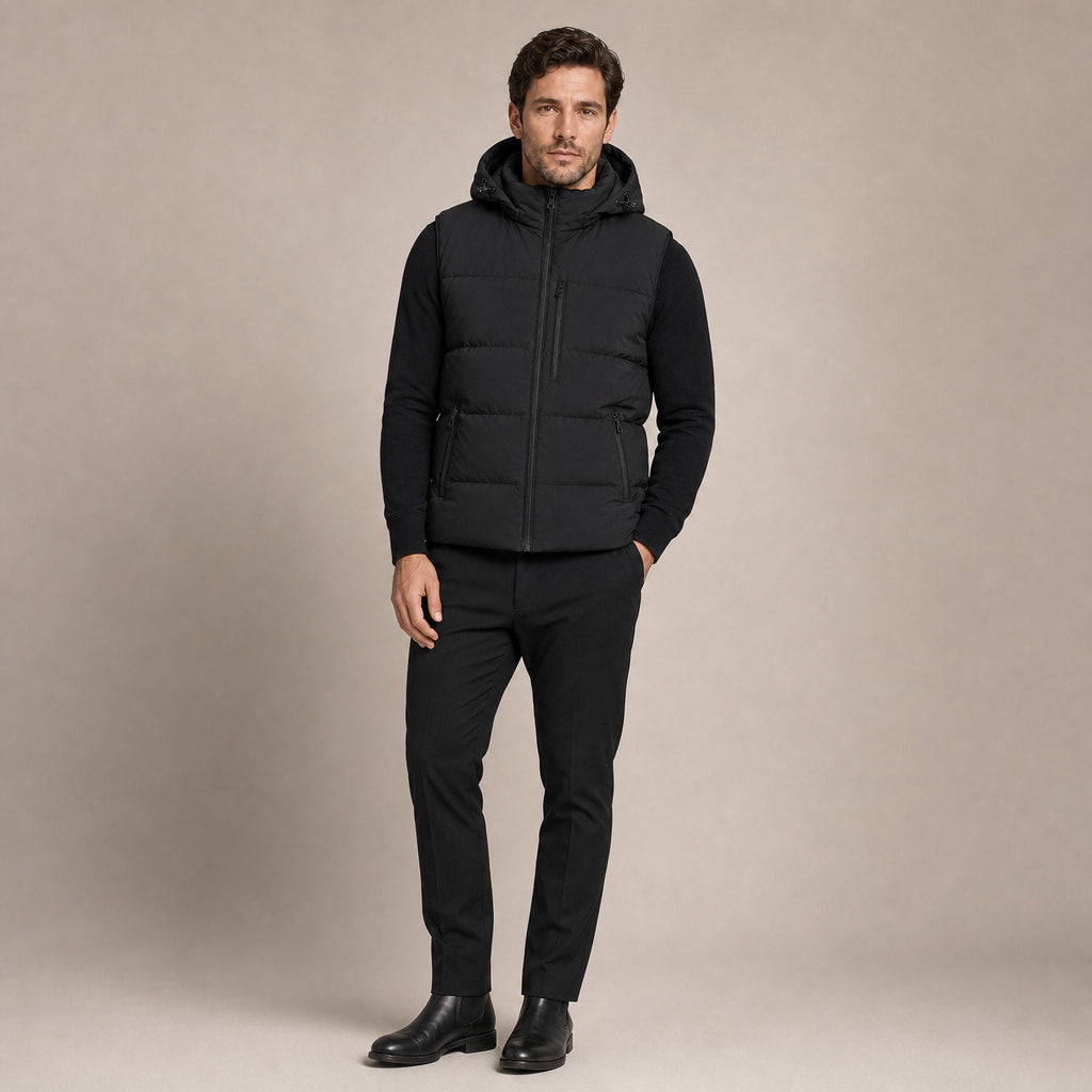 Long Puffer Vest Hooded Windproof Zip-Up Black – Product Photo