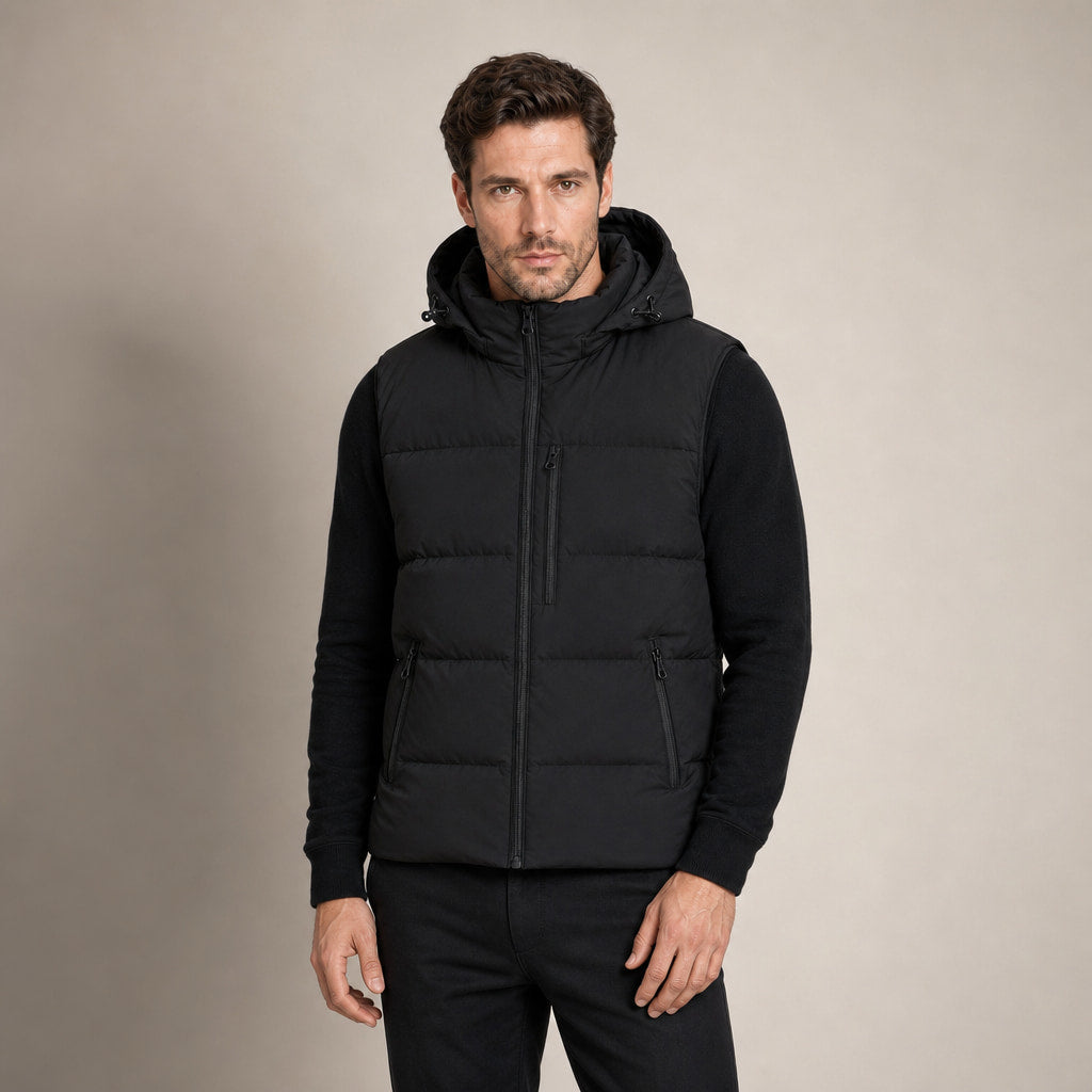 Long Puffer Vest Hooded Windproof Zip-Up in Black – Tarlano Premium Menswear