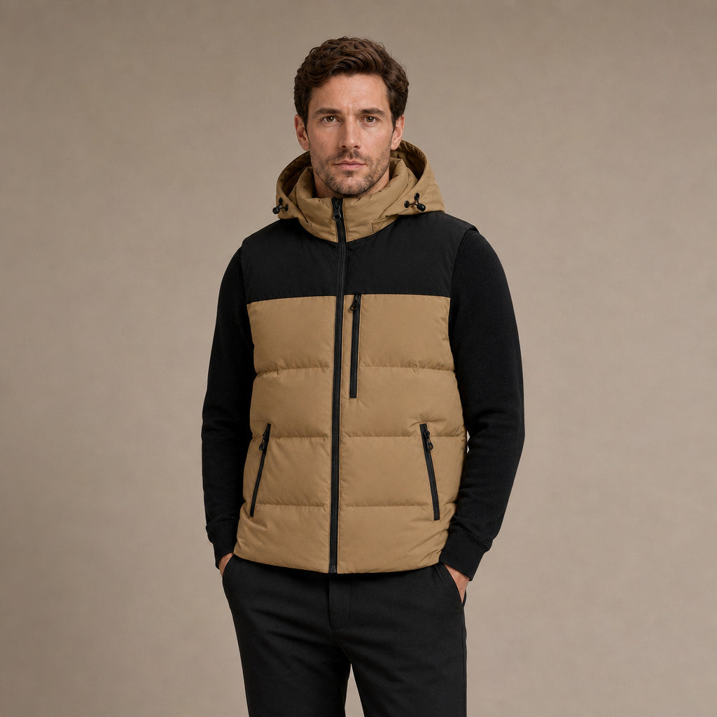Long Puffer Vest Hooded Windproof Zip-Up Brown – Product Photo