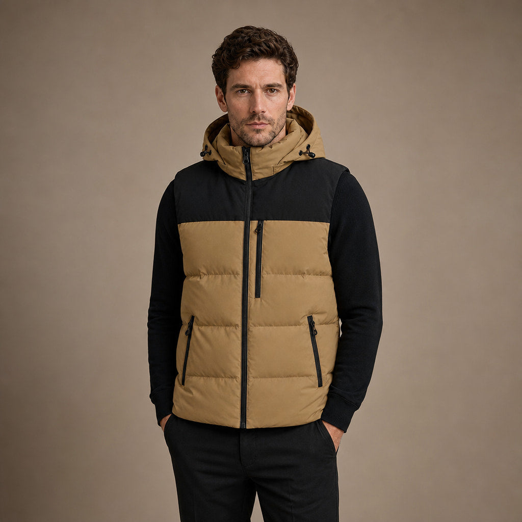 Long Puffer Vest Hooded Windproof Zip-Up in Brown – Tarlano Premium Menswear