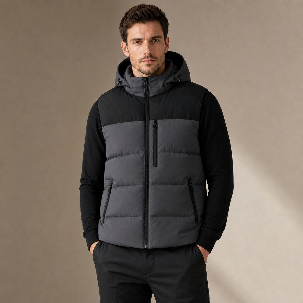 Long Puffer Vest Hooded Windproof Zip-Up Dark Gray – Product Photo