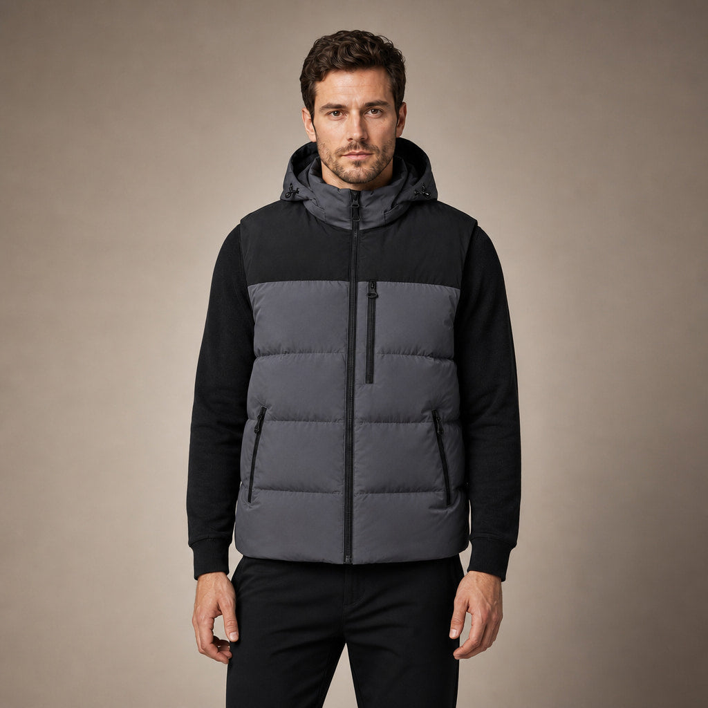 Long Puffer Vest Hooded Windproof Zip-Up in Dark Gray – Tarlano Premium Menswear