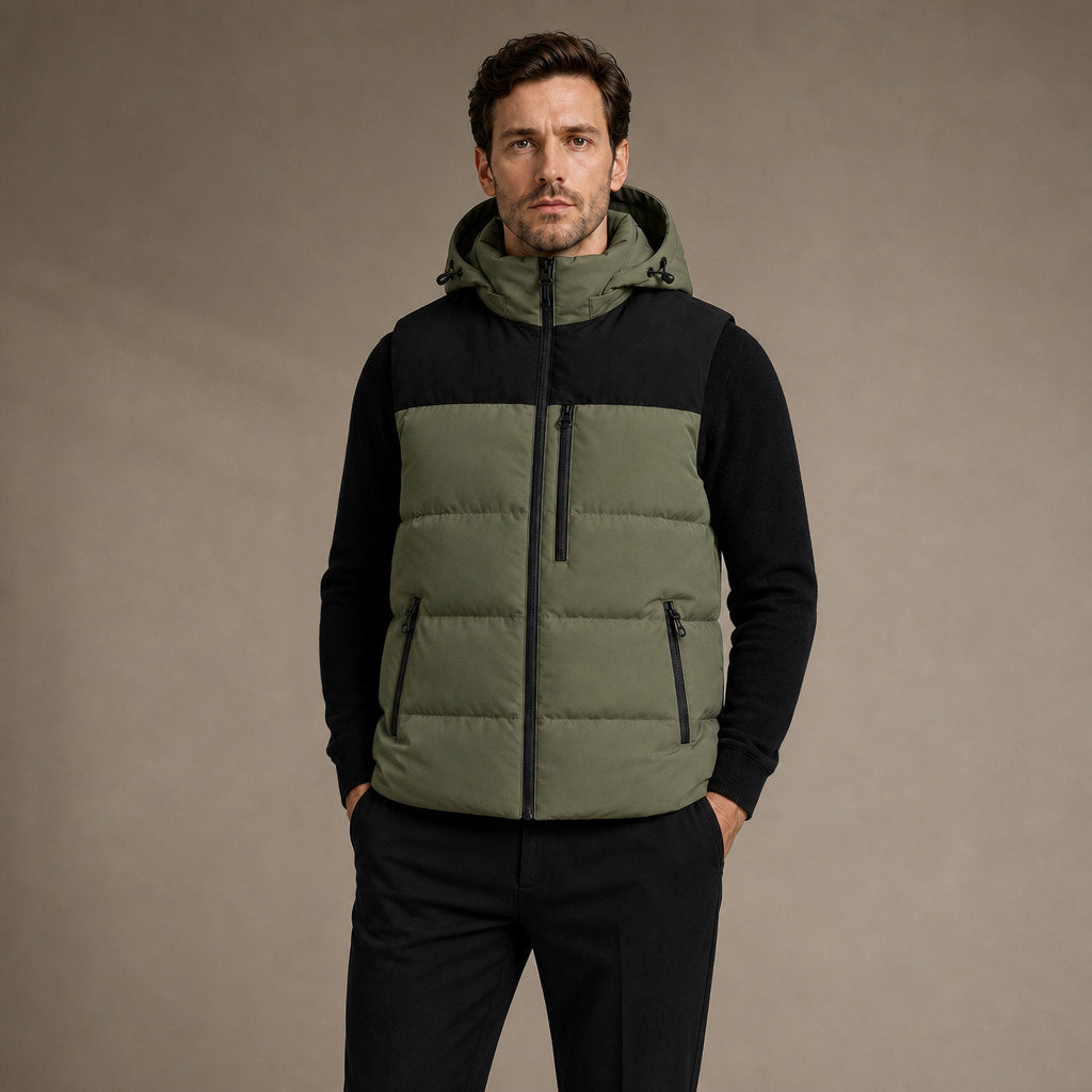 Long Puffer Vest Hooded Windproof Zip-Up Green – Product Photo