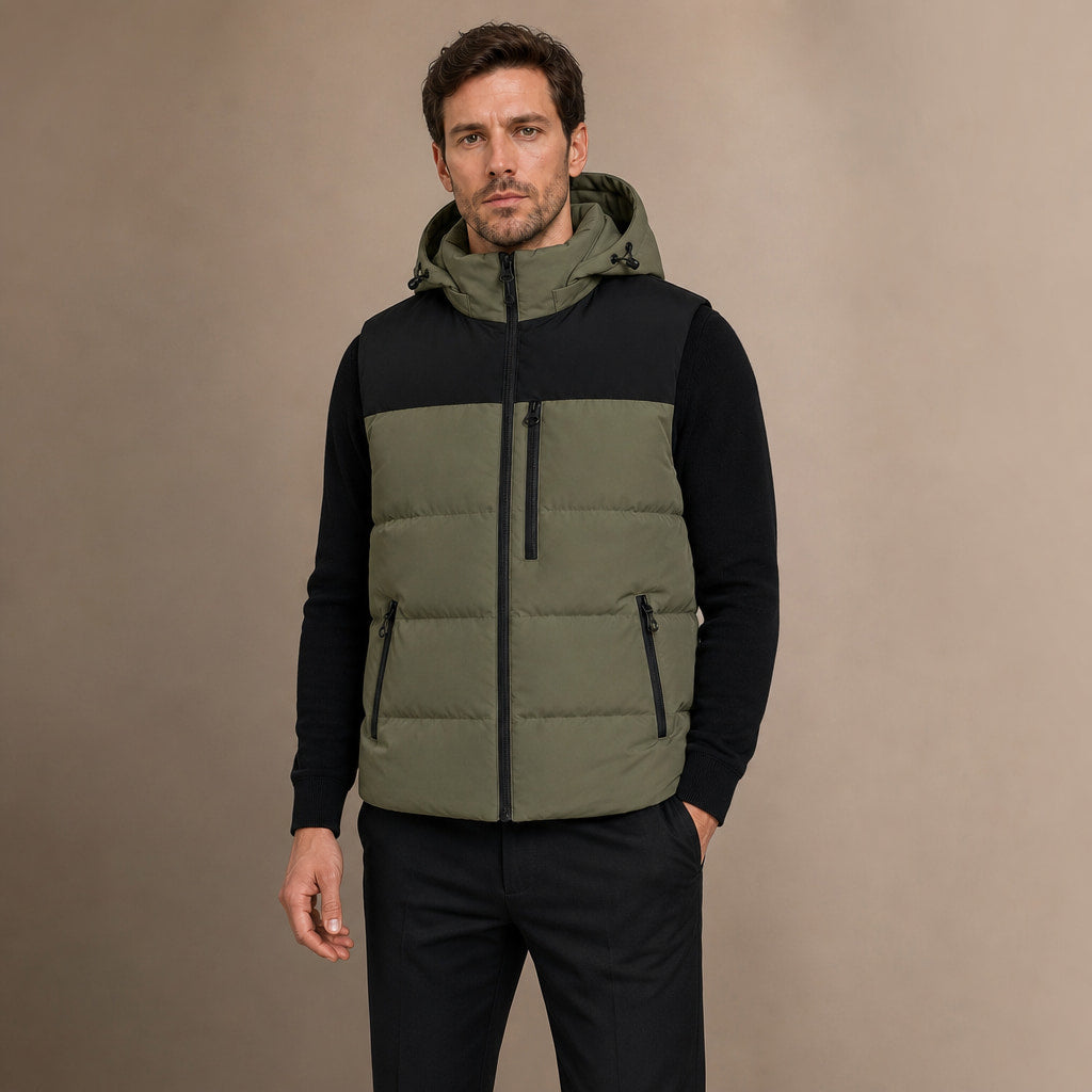 Long Puffer Vest Hooded Windproof Zip-Up in Green – Tarlano Premium Menswear