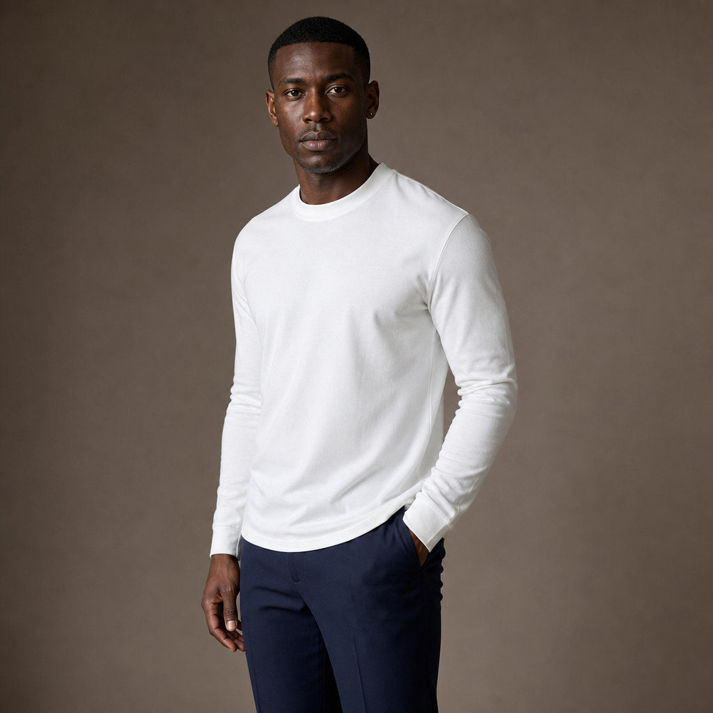 Crew Neck T-Shirt Combed Cotton White – Side Angle View