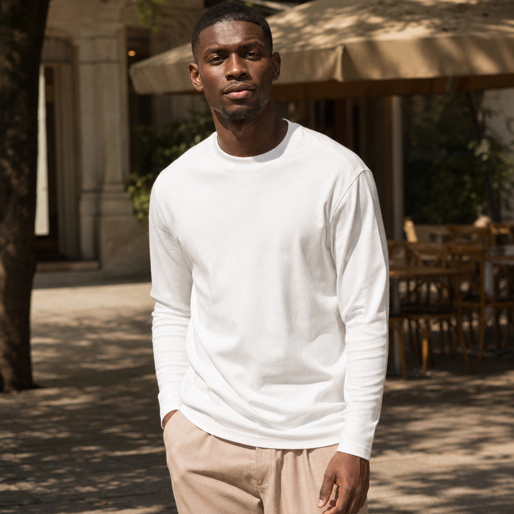 Crew Neck T-Shirt Combed Cotton White – Styled Editorial Shot