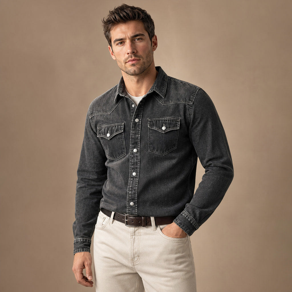 Western Shirt Pearl Snap Washed Finish Black – Side Angle View