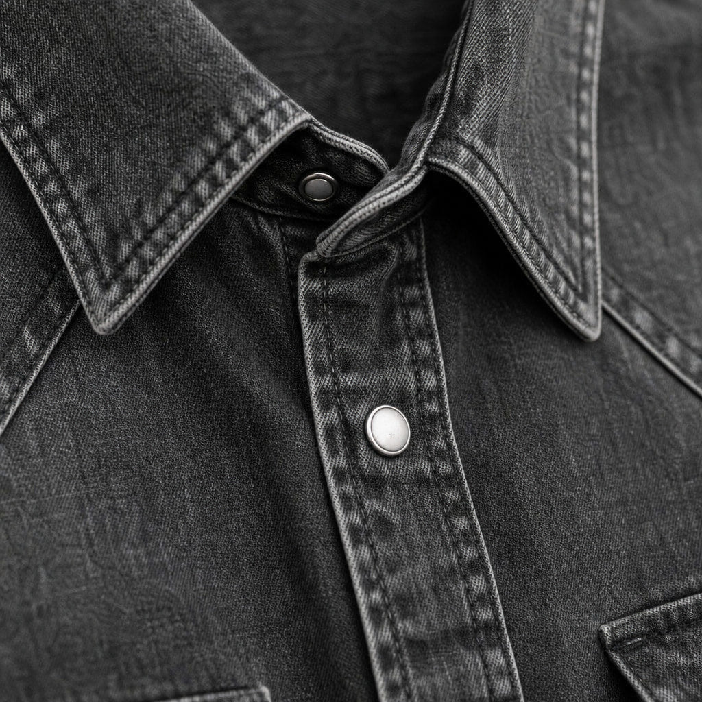 Western Shirt Pearl Snap Washed Finish Black – Fabric and Detail Close-Up