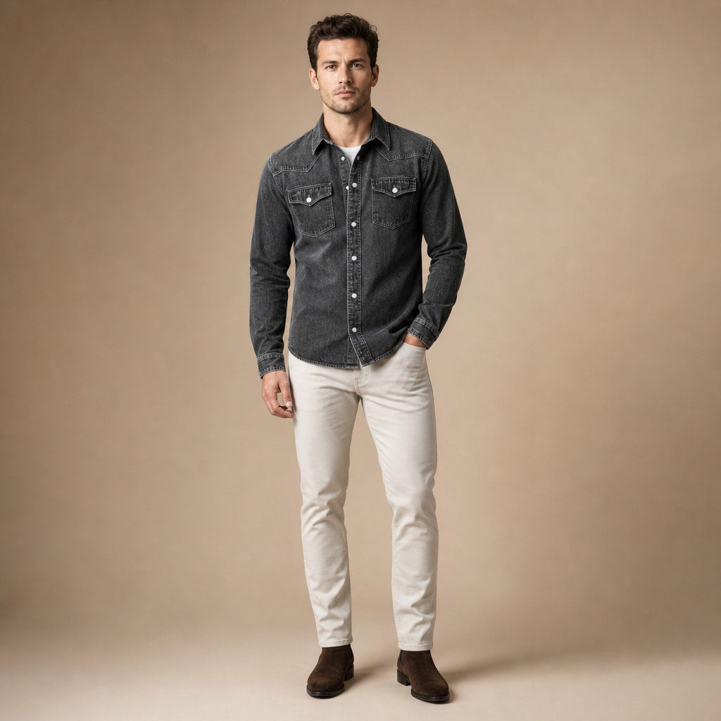 Western Shirt Pearl Snap Washed Finish Black – Full Look