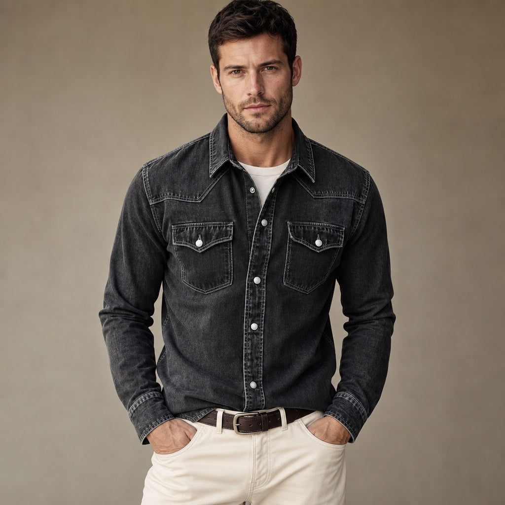 Western Shirt Pearl Snap Washed Finish Black – Product Photo