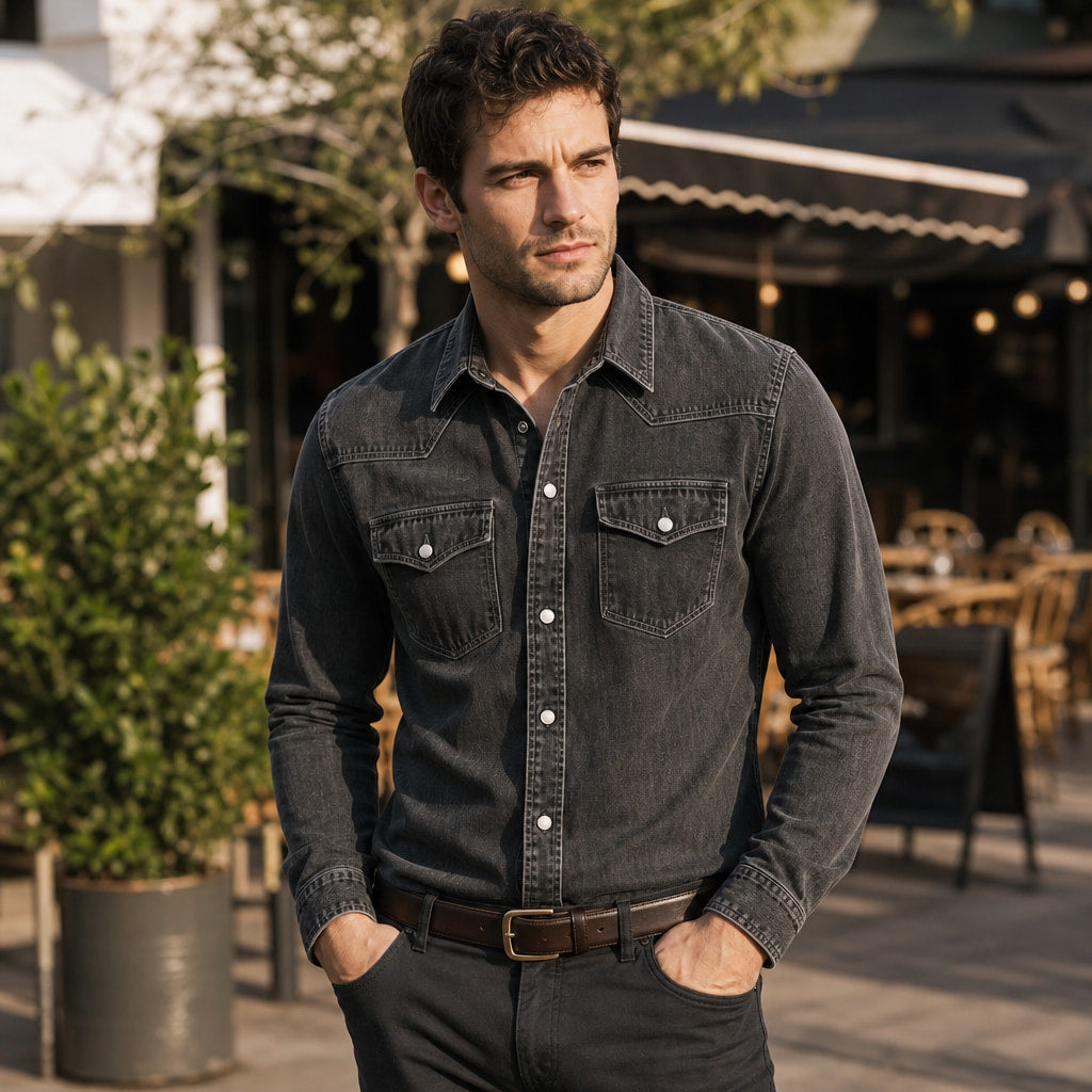 Western Shirt Pearl Snap Washed Finish Black – Styled Editorial Shot