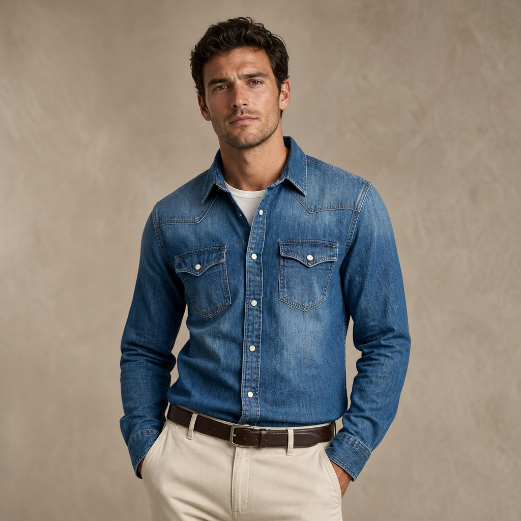 Western Shirt Pearl Snap Washed Finish Blue – Product Photo